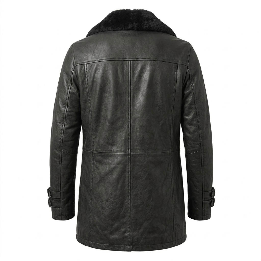 Men’s Distressed Black Leather Coat with Faux Fur Collar
