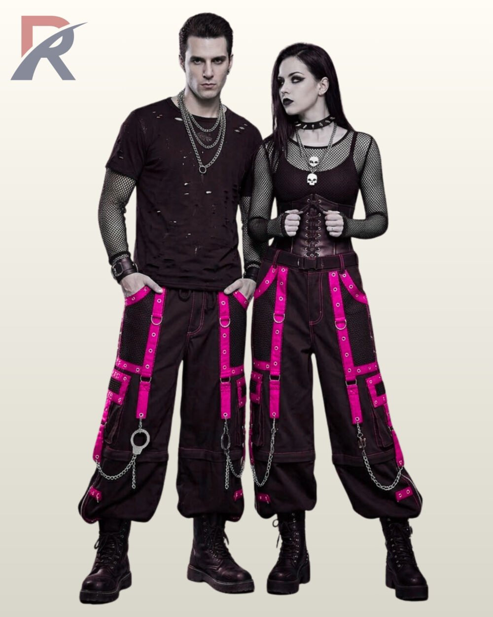 Unisex magenta pink and black cyber goth wide-leg pants with metal rings and chain links.