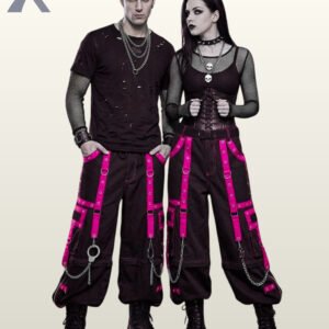 Unisex magenta pink and black cyber goth wide-leg pants with metal rings and chain links.