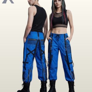 Couple wearing royal blue gothic cargo pants featuring black eyelet straps, mesh pockets, and hanging silver-tone chains.