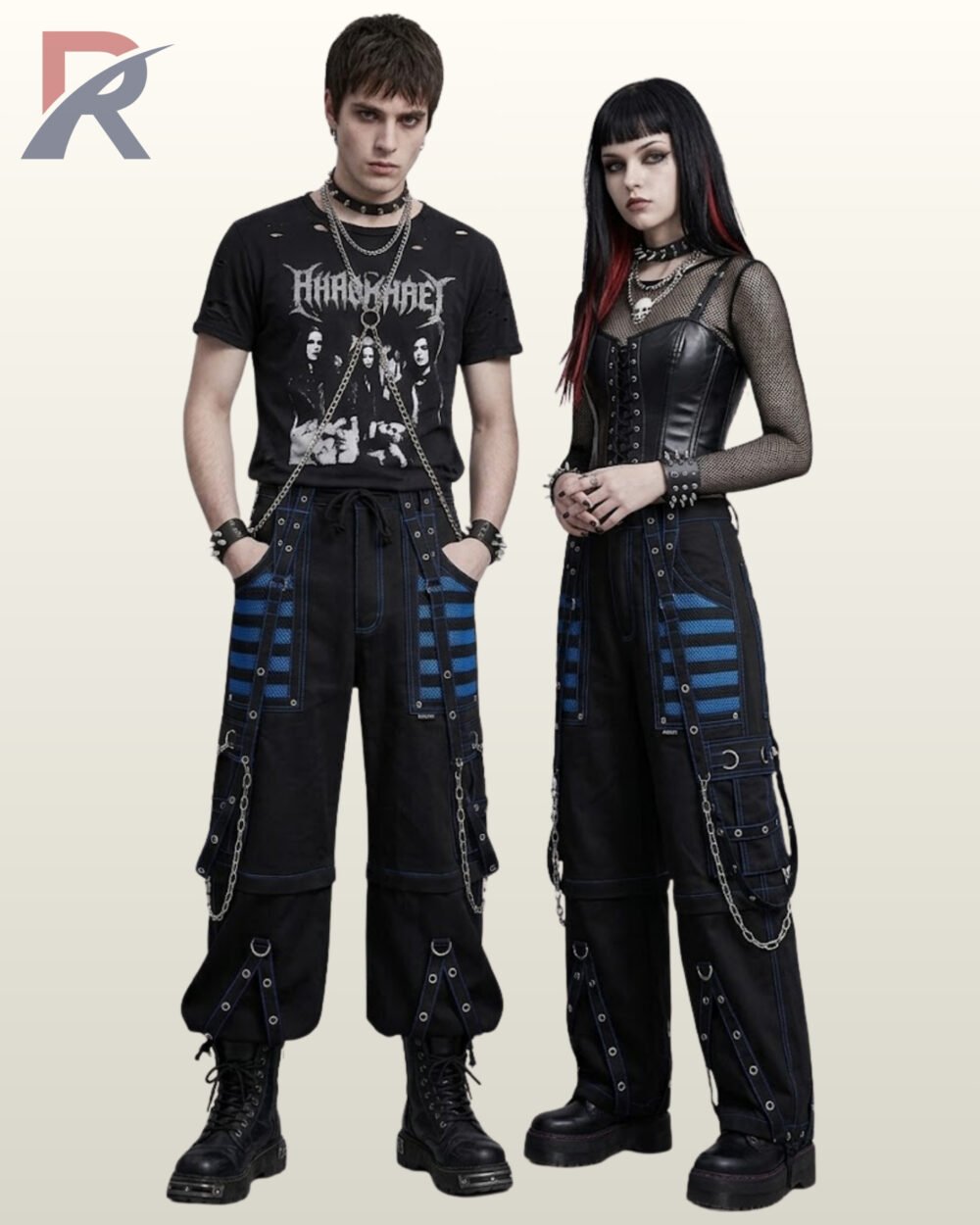 Couple modeling alternative darkwear baggy pants highlighted with royal blue mesh panels and silver metal accents.