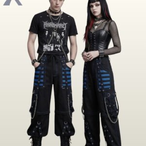 Couple modeling alternative darkwear baggy pants highlighted with royal blue mesh panels and silver metal accents.