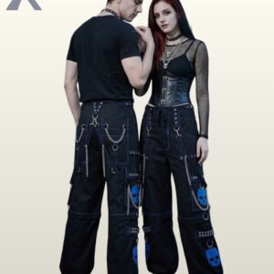 Couple in black alternative wide-leg trousers highlighting blue skull graphics and silver-tone metal hardware.