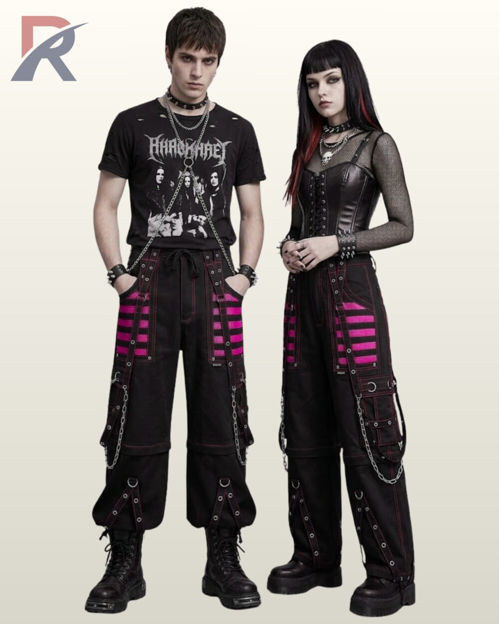 Black unisex gothic cargo trousers detailed with hot pink mesh inserts, contrast stitching, and hanging metal chains.