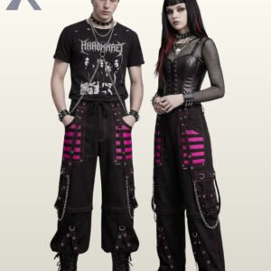 Black unisex gothic cargo trousers detailed with hot pink mesh inserts, contrast stitching, and hanging metal chains.