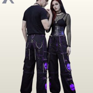 Couple displaying unisex alternative streetwear pants styled with purple skull accents, straps, and wide legs.