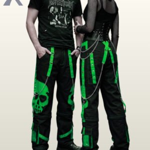 Gothic couple wearing loose black cargo pants accented with vivid green graphic details.