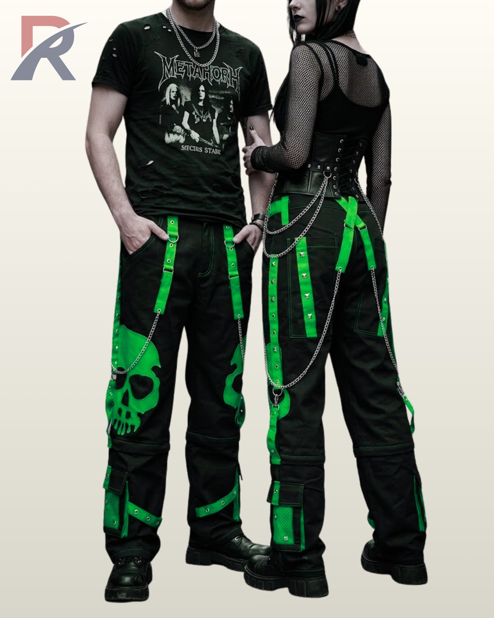 Gothic couple wearing loose black cargo pants accented with vivid green graphic details.