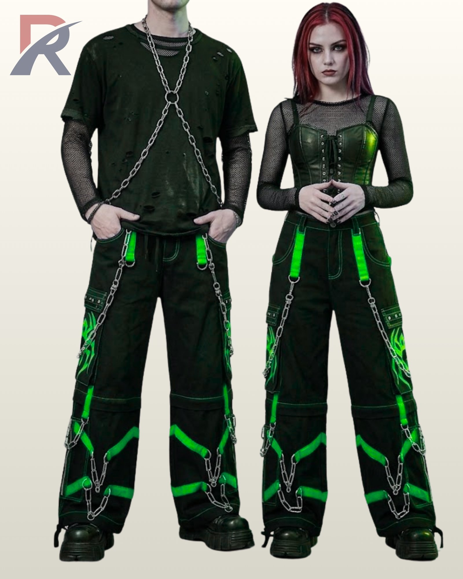 Gothic couple wearing loose black cargo pants accented with vivid neon green graphic details.