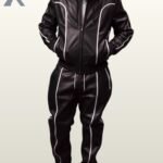 Slim fit black 2-piece leather tracksuit set featuring a hooded zip jacket and white piped trousers.