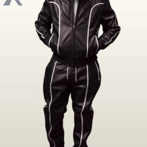 Slim fit black 2-piece leather tracksuit set featuring a hooded zip jacket and white piped trousers.