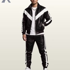 Classic black leather sports suit featuring a zip jacket and elastic cuffed track pants.