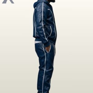 Royal blue leather track jacket with hood and matching drawstring pants featuring white piping details.