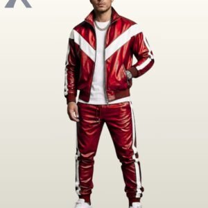 Men's red leather zip jacket and cuffed joggers set featuring double white side stripes.