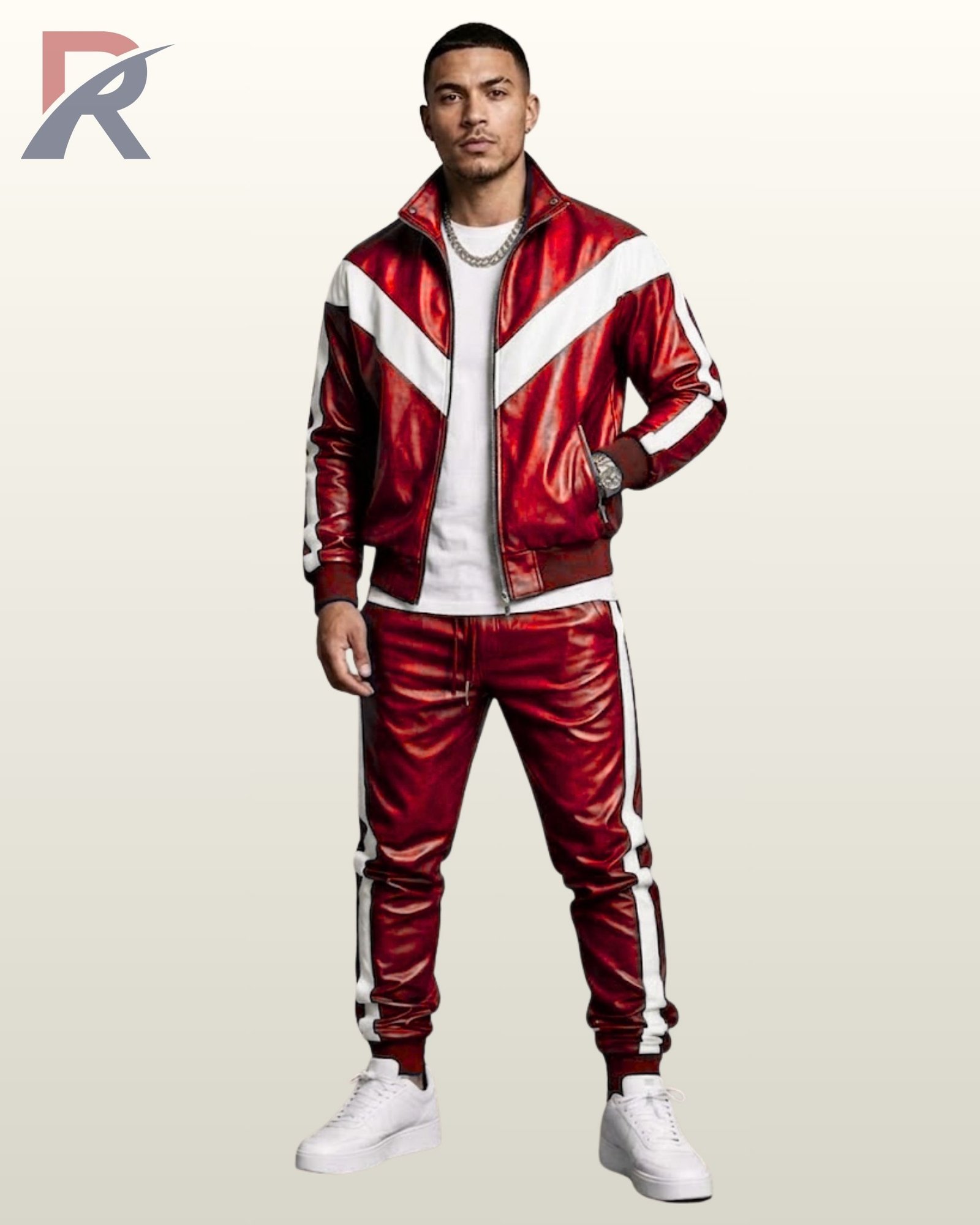 Men's red leather zip jacket and cuffed joggers set featuring double white side stripes.