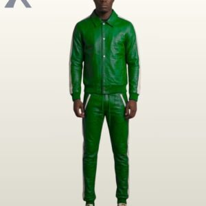 A man wearing a vibrant emerald green leather tracksuit with white stripes.