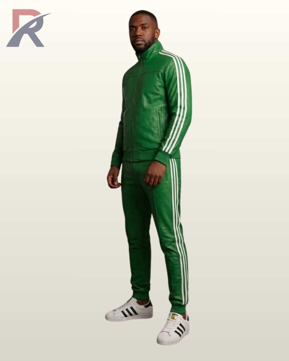 A premium green leather matching streetwear track set featuring retro athletic side details.