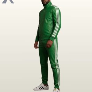 A premium green leather matching streetwear track set featuring retro athletic side details.