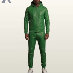 A man standing in an emerald green leather hooded tracksuit with bold white stripes.