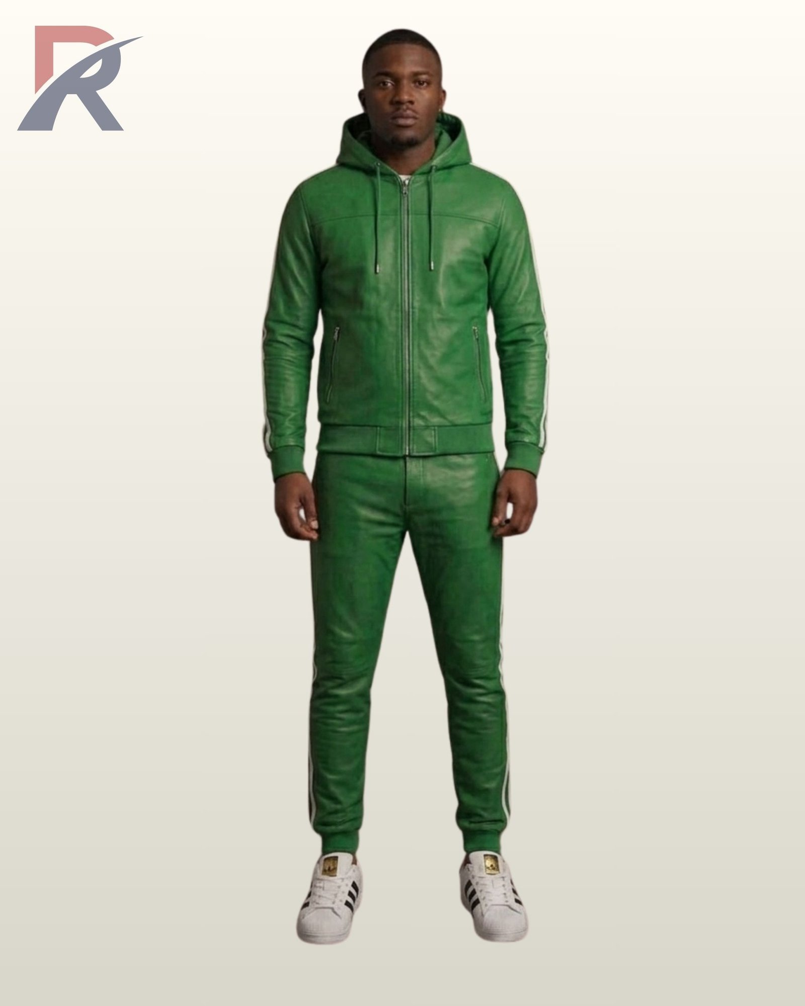 A man standing in an emerald green leather hooded tracksuit with bold white stripes.