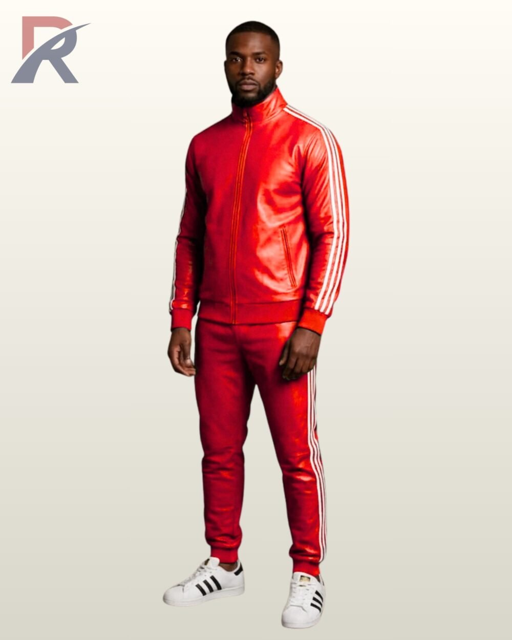 An urban red leather sports outfit styled with white fashion sneakers.