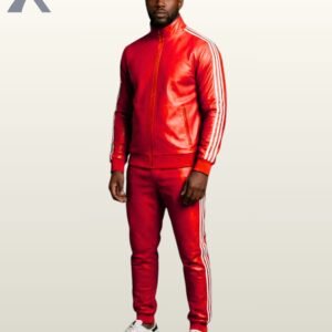 An urban red leather sports outfit styled with white fashion sneakers.