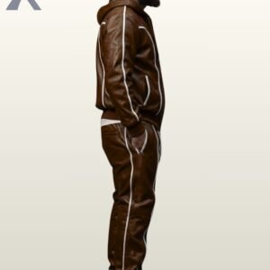 Men's brown leather zip hoodie and matching trousers set styled with white sneakers.