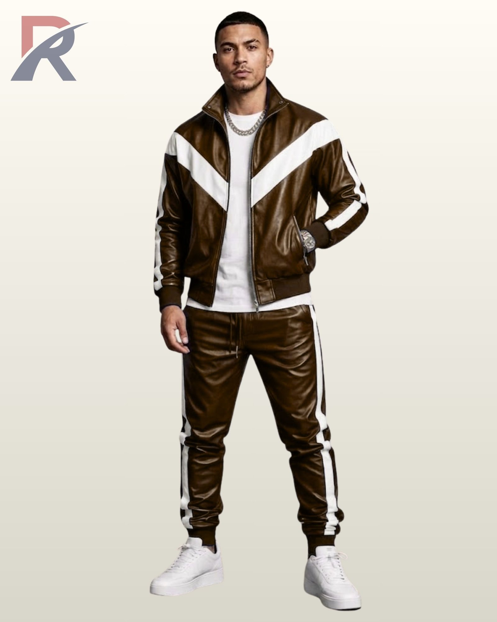 Men's brown leather zip jacket and cuffed joggers matching set styled with white sneakers.