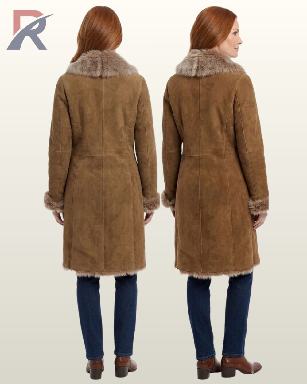 A full-length fashion view of a cozy tan suede fur-lined jacket with visible stitching details on the back.