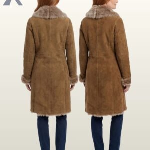 A full-length fashion view of a cozy tan suede fur-lined jacket with visible stitching details on the back.