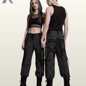 Man and woman wearing monochrome dark grey techwear trousers accented with black bondage straps and silver chains.