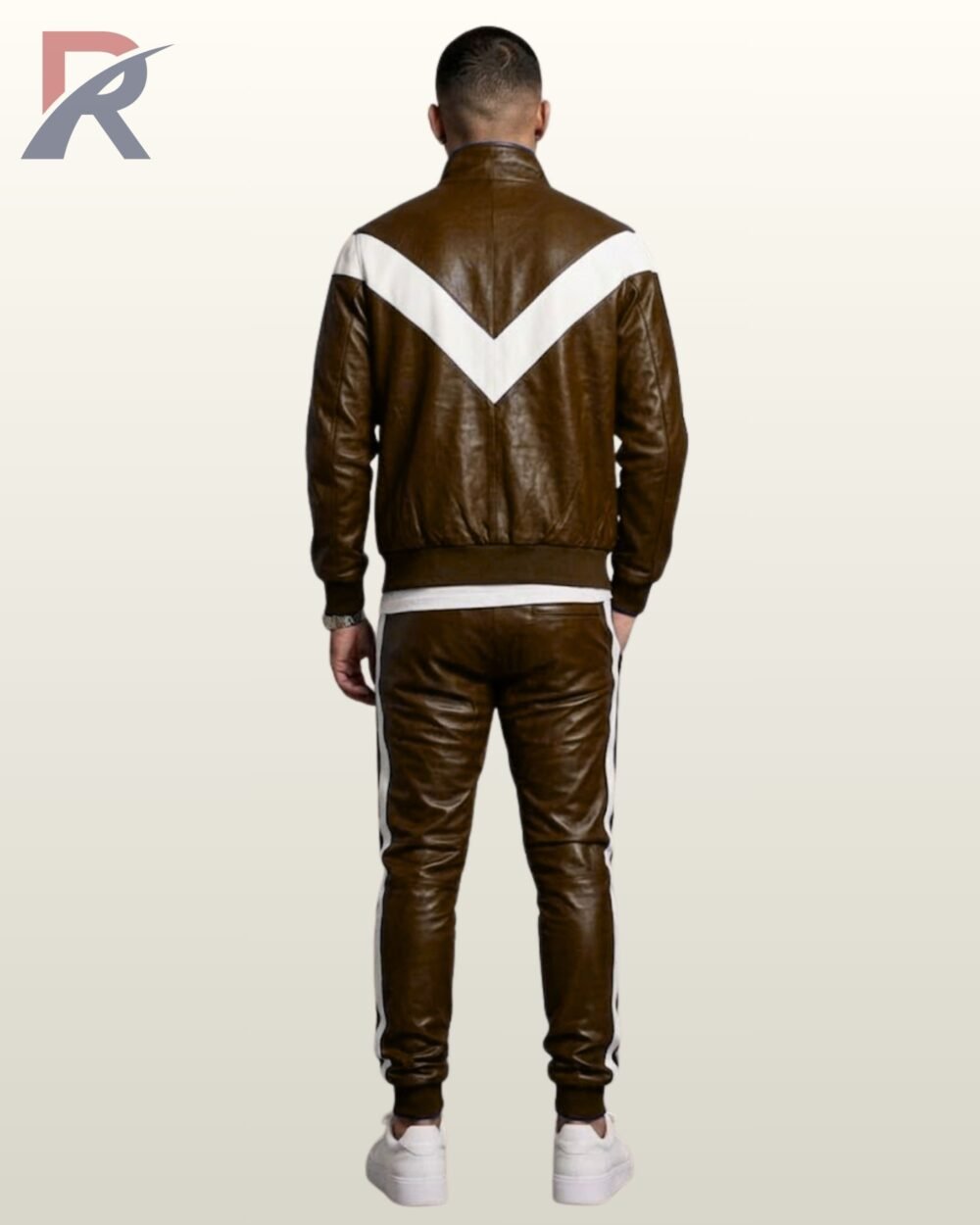 Chestnut brown leather two-piece athletic suit with vertical double white stripes.