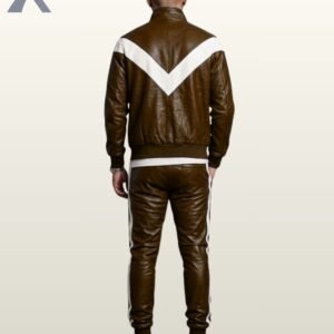Chestnut brown leather two-piece athletic suit with vertical double white stripes.