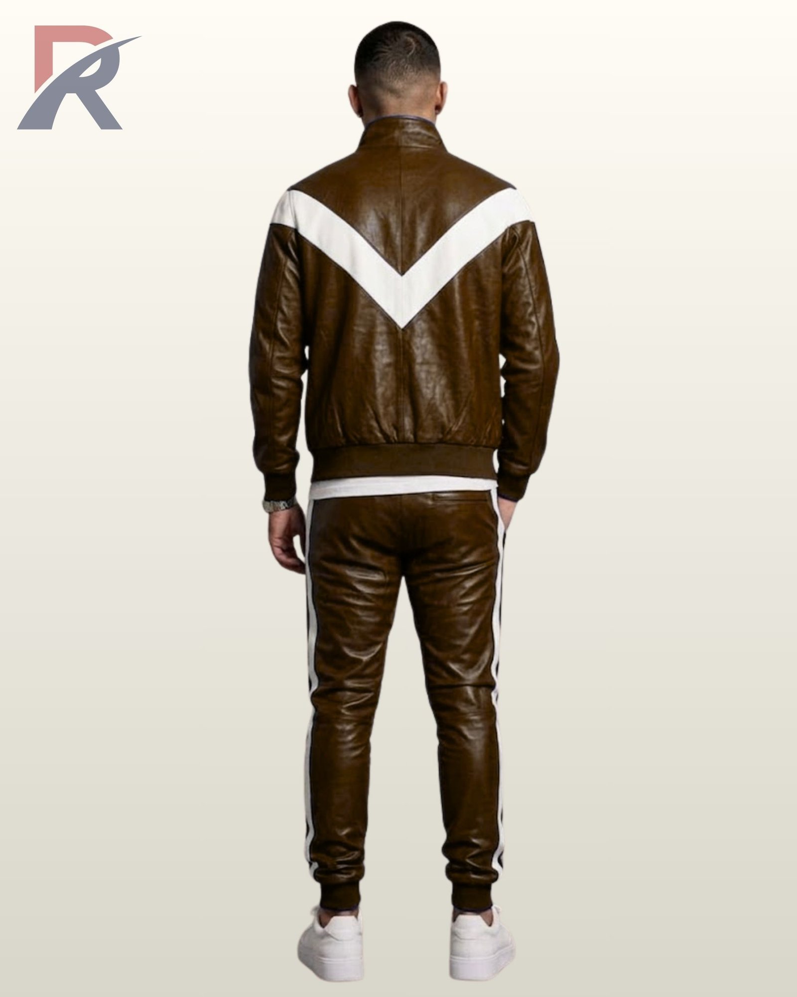 Chestnut brown leather two-piece athletic suit with vertical double white stripes.