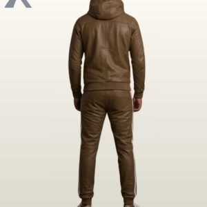 An urban cocoa brown leather jogging suit set for men's fashion.
