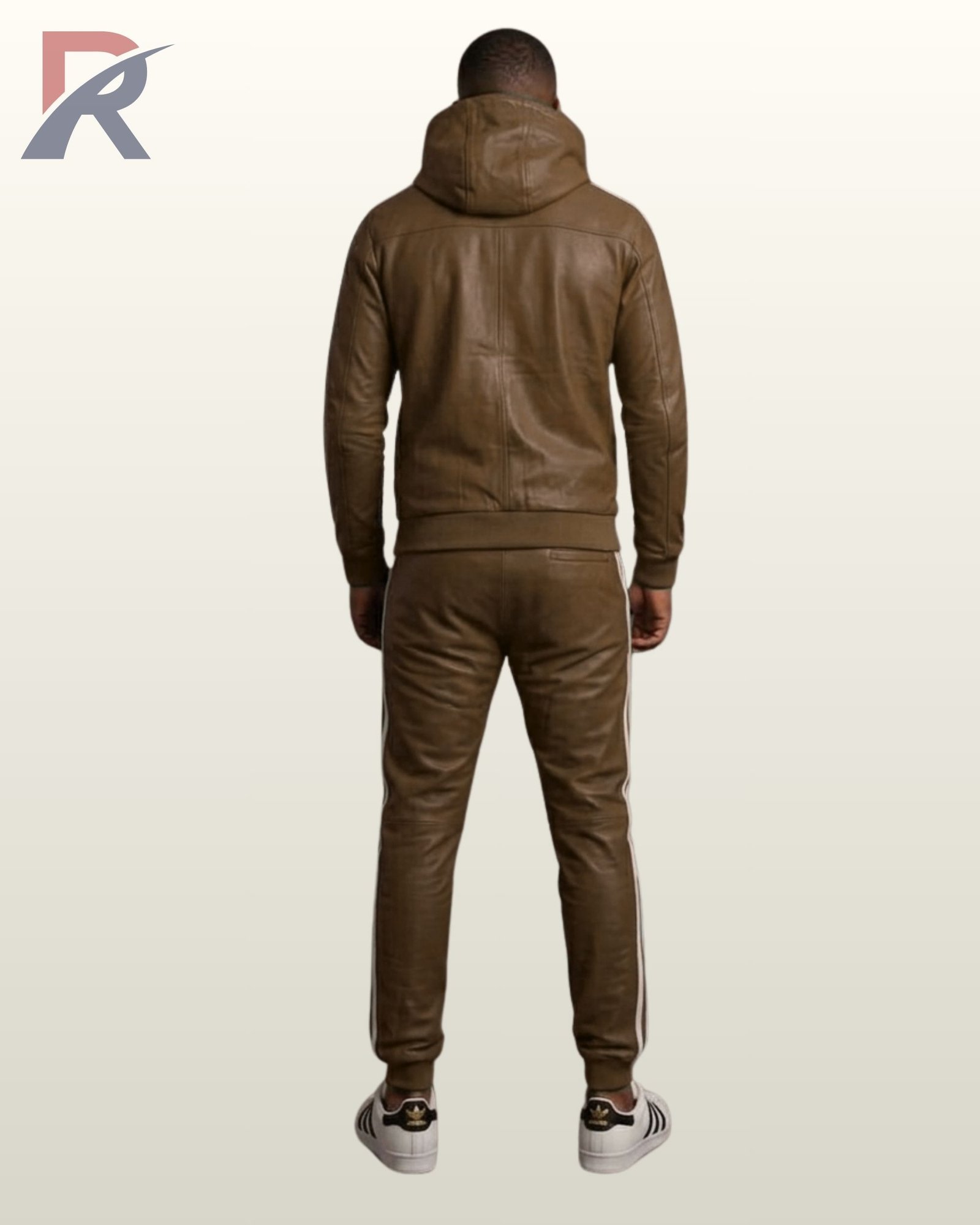 An urban cocoa brown leather jogging suit set for men's fashion.
