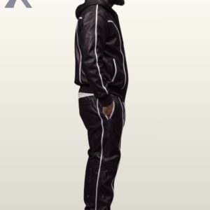 Full length view of men's black leather hooded jacket and pants set with white accent piping.Full length view of men's black leather hooded jacket and pants set with white accent piping.Full length view of men's black leather hooded jacket and pants set with white accent piping.Full length view of men's black leather hooded jacket and pants set with white accent piping.