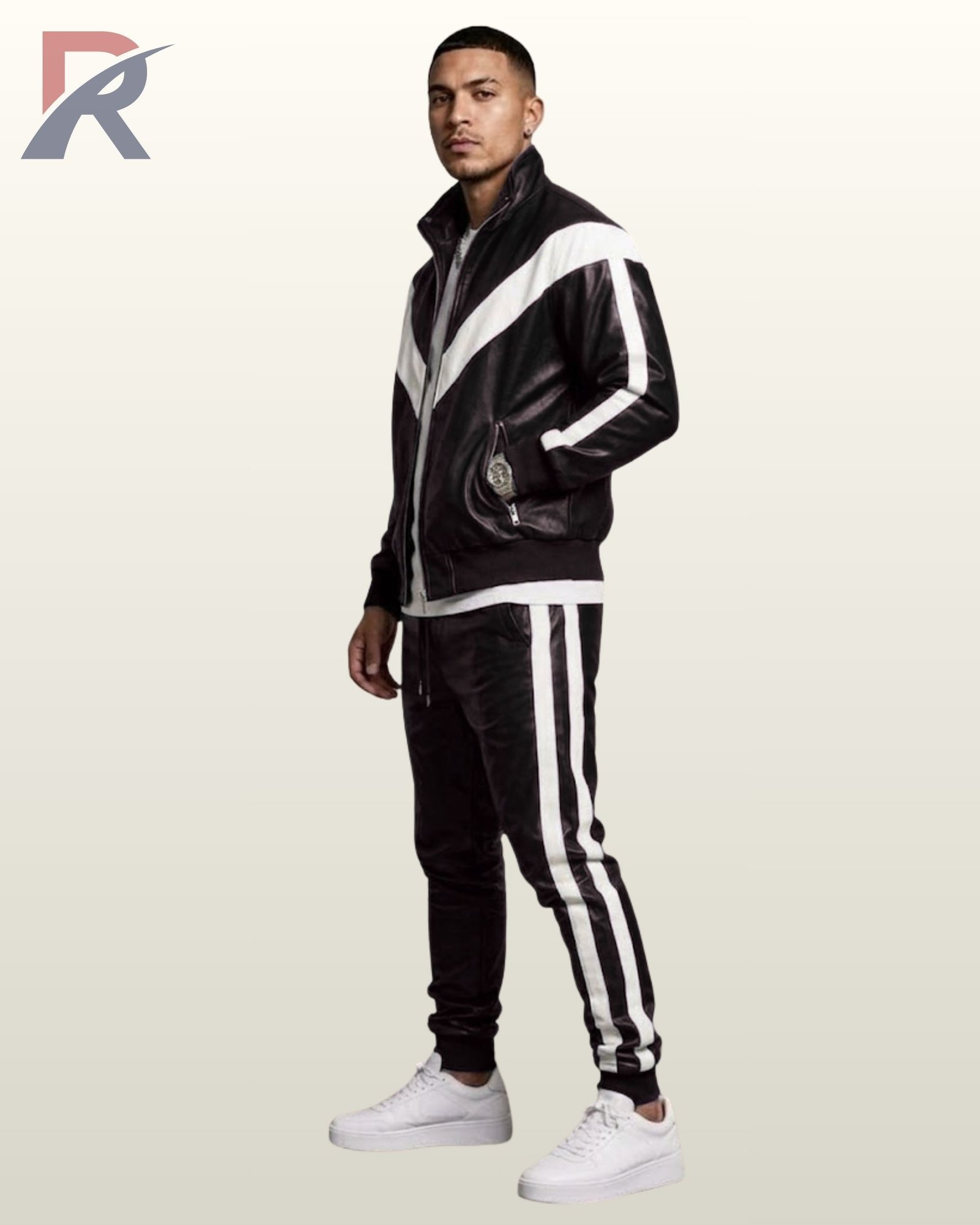 Full length view of men's black leather jacket and pants combo with vertical white side stripes.
