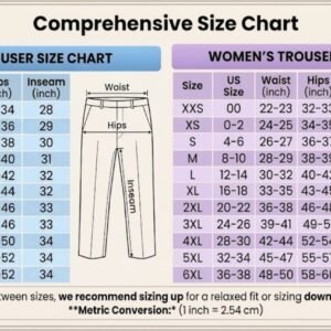 Comprehensive size chart for men's and women's trousers, showing waist, hips, and inseam measurements in inches from size 2XS to 6XL.