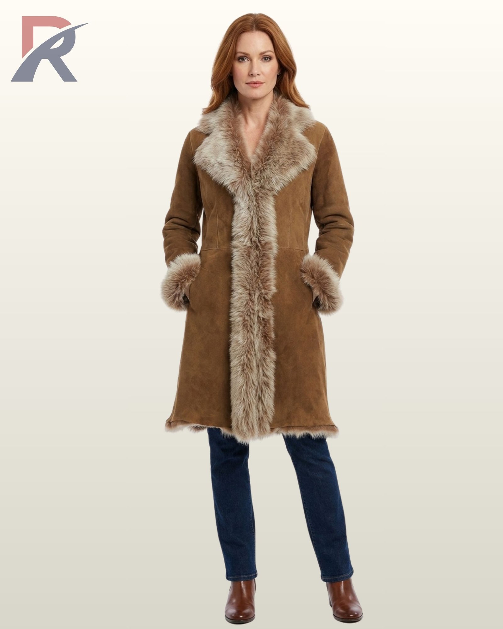 A model showcasing a luxury mid-length tan sheepskin winter coat with dramatic fur lapels and cuffs.