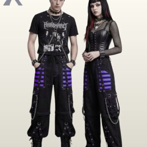 Couple wearing matching black gothic cargo pants featuring purple mesh panels, metal chains, and eyelet straps.