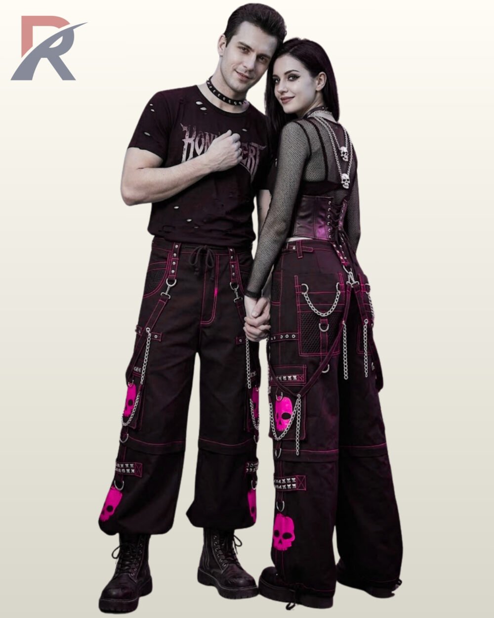 Black unisex gothic cargo trousers with vibrant hot pink contrast stitching, skull designs, and metal hardware chains