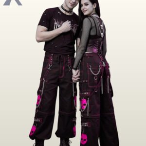 Black unisex gothic cargo trousers with vibrant hot pink contrast stitching, skull designs, and metal hardware chains