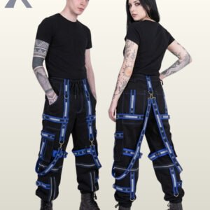 Man and woman modeling dark cyber goth reflective jogger trousers trimmed with blue bondage straps and silver hardware.