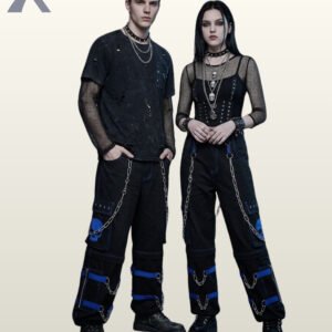 Full model view of a male and female wearing black gothic skull cargo pants with vibrant royal blue contrast stitching, blue skull pocket patch, and metal chains.