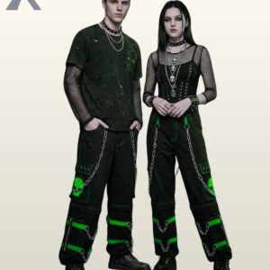 Full model view of a male and female wearing black gothic skull cargo pants with bright neon green contrast stitching, green skull pocket patches, and hanging chains.