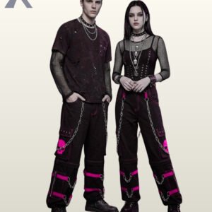 Couples catalog display of loose black cyberpunk cargo pants featuring neon pink buckle leg bands, skull pocket graphics, and hanging silver side chains.