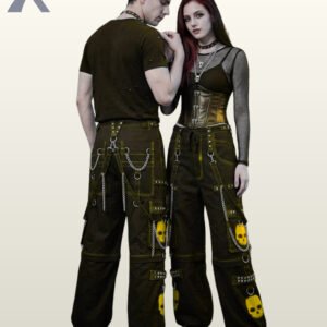 Couple wearing wide-leg black gothic pants trimmed with yellow stitching, skull prints, and metal chains.