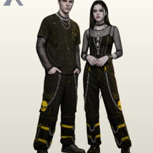 Couples model display of loose-fit black cyberpunk cargo trousers featuring yellow buckle straps, leg zippers, hanging silver chains, and skull print pockets.