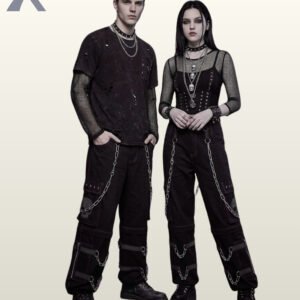 Full model view of a male and female wearing monochromatic black gothic skull cargo pants with dark grey contrast stitching, black skull patches, and metal chains.